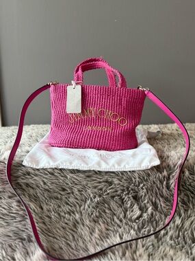 Jimmy Choo Hot Pink Raffia Mini Tote Crossbody Bag w/ Dust Bag NWT